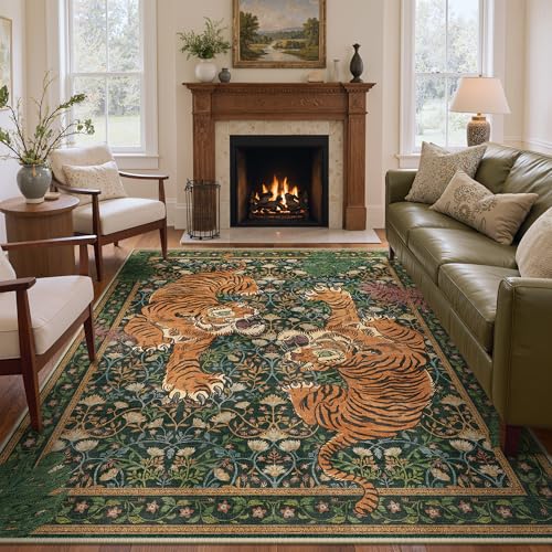 Green Tiger Print Washable Area Rug 6x9 Non Slip for Living Room & Bedroom