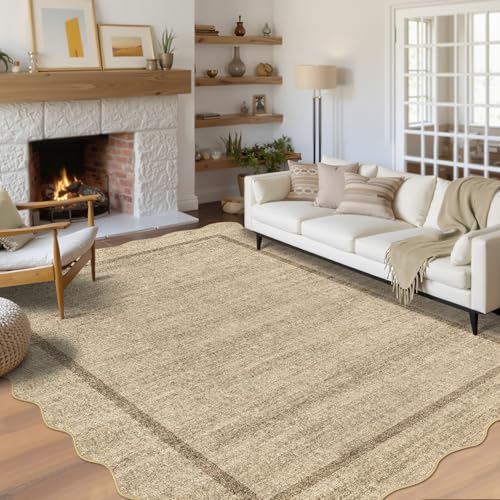 6x9 Jute Scalloped Washable Area Rug - Non-Slip Neutral Rug for Living Room