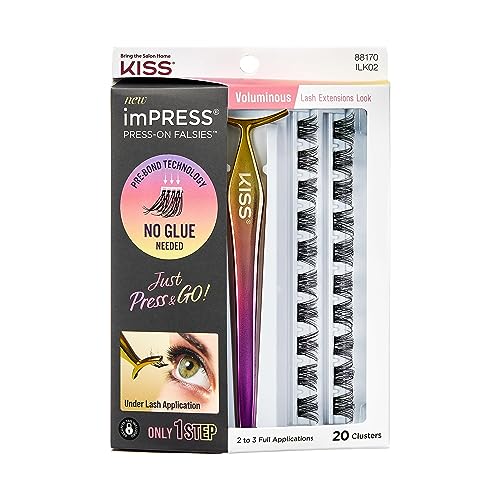 KISS imPRESS Falsies False Eyelashes, Natural' 12 mm & Voluminous' 14 mm, 20 Clusters & Applicator