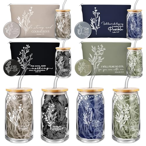 Fumete 4 Sets Christian Gift for Women Sunday School Teacher Valentines Makeup Bag Flower Bible Verse Coffee Cup with Bamboo Lid Straw Pastor Wife Mini Compact Mirror Religious Church Gift (Bible-b)