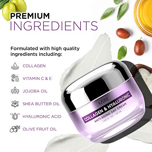 Azure Cosmetics Collagen & Hyaluronic Acid Face Moisturizer - Dermatologist Tested, Anti-Aging Cream for Fine Lines & Wrinkles - Ultra Hydrating Face Cream - Korean Skin Care - All Skin Type - 1.69 oz
