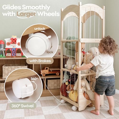 Kids Wooden Stuffed Animal Storage Organizer with Lockable Wheels