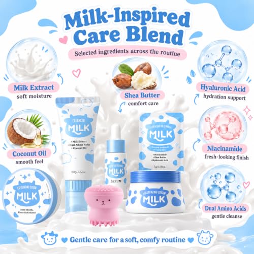 WOUGLAY 15-Piece Milk Skincare Kit for Teens & Women | Travel Set with Mask & Moisturizer - 0.07 Fl Oz