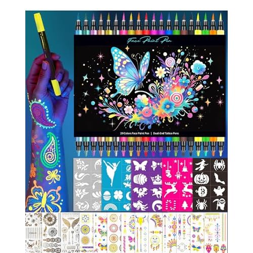 Temporary Tattoo Markers for Skin, 20 Pcs Dual-Tip UV & Matte & Glitter Tattoo Pens, Skin-Safe Body Markers with Tattoo Stencils & Stickers, Washable Glow in the Dark Markers for Kids Teens