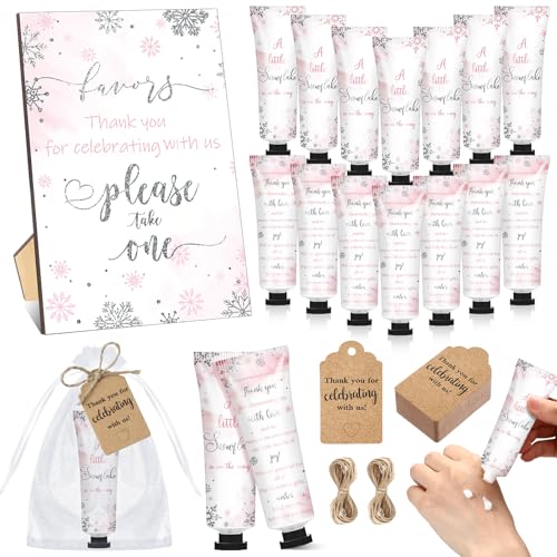 50 Sets Baby Shower Hand Cream with Organza Bag Thank You Card Baby Shower Wedding Gifts for Guests Bridal Wedding Favors for Guests, Thank You Gifts for Women(Pink Snowflakes)