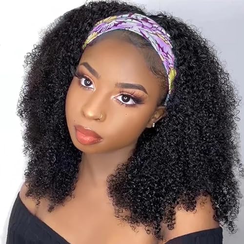Kinky Curly Headband Wig Human Hair Natural Color 14 Inch for Black Women - Curly Virgin Brazilian Hair, 150% Density, Glueless, Style & Go