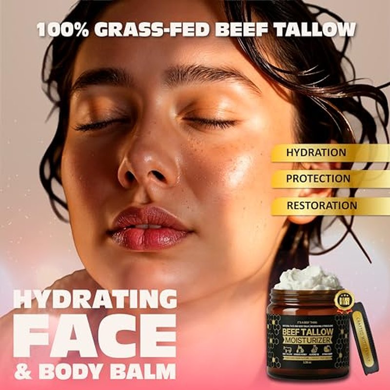 Beef Tallow for Skin ? Face & Body Balm to Strengthen Skin Barrier, Hydrating & Soothing with Grass-Fed Beef Tallow, Manuka Honey, Almond Oil & Light Citrus Scent (3.38oz)