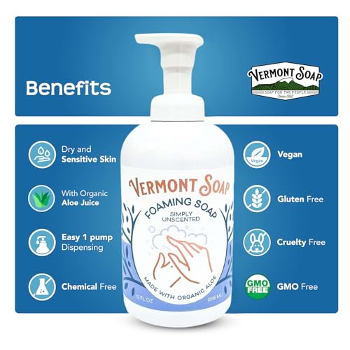 VERMONT SOAP Organic Unscented Foaming Hand Soap - Natural Moisturizing Soap for Dry Skin - Fragrance Free Liquid Bathroom Hand Soap Dispenser - Simply Unscented - 12 oz