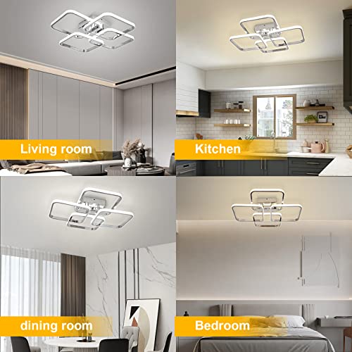 Dimmable Modern LED Ceiling Light with 4 Square Rings - Chrome Finish, 48W, Remote Control