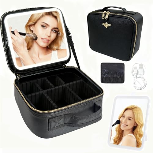 Pure Black Travel Makeup Bag with Light Up Mirror, Waterproof, Rechargeable
