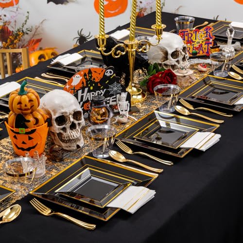 Black and Gold Disposable Plastic Plate Set for 50 Guests - Square Dinnerware with Cups, Cutlery, Napkins - Perfect for Weddings & Halloween 50 Guests