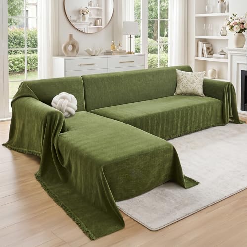 L Shaped Couch Cover for Sectional Sofa 2 Pcs - Green, 3-4 Seat + Chaise