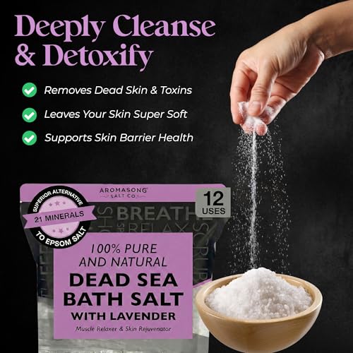 Dead Sea Salt with Lavender 80oz - Bath Soak & Body Scrub for Relaxation - Aromasong