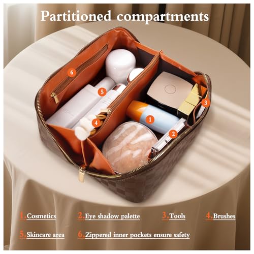 Travel Makeup Bag Large Capacity Waterproof Cosmetic Organizer with Divider - Checkerboard Brown