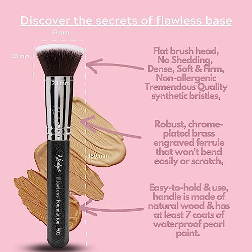 Nanshy Flawless Flat Foundation Brush for Powder, Cream & Liquid Makeup - Flat Top Foundation Brush for Smooth Application, Blending & Buffing - Dense, Firm Bristles - Vegan & Cruelty-Free - Black