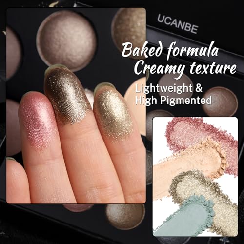 UCANBE Baked Eyeshadow Makeup Palette with Hidden Gems, 16 Colors Nude Eye Shadow with Matte Glitter Metallic Shimmer, Highly Pigmented Long Lasting Make Up Pallet (Pack of 2)