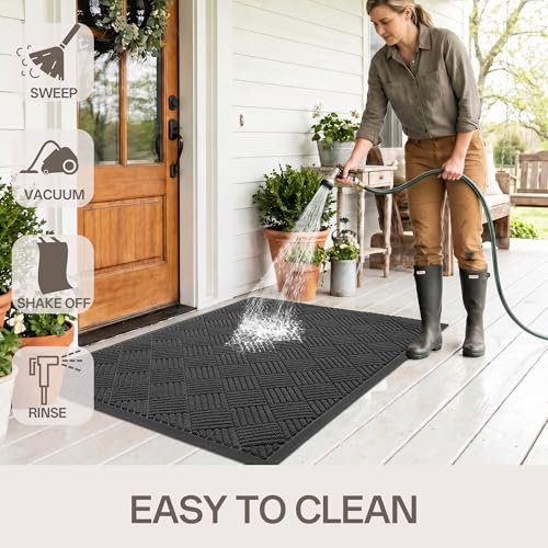 Heavy Duty Waterproof Front Door Mat 4x5 ft - Grey Diamond, Indoor Outdoor Rug