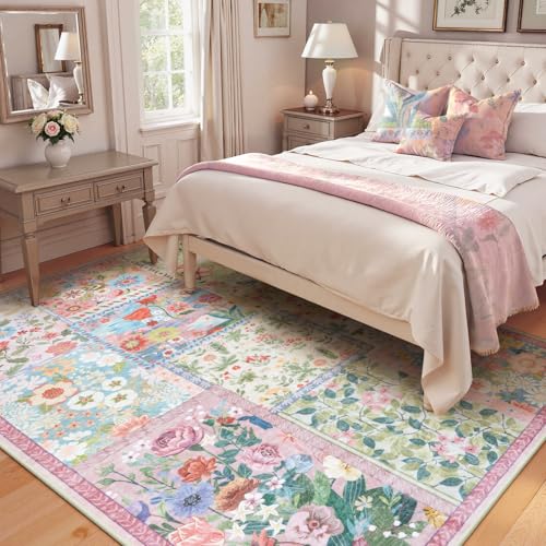 5' x 7' Pink Girls Bedroom Rug - Soft Patchwork Non-Slip Washable Carpet
