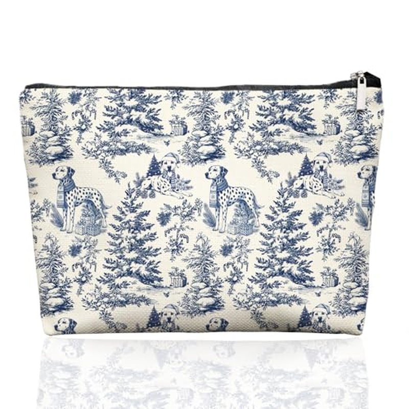 Blue Toile Dalmatian Christmas Makeup Bag for Women, Vintage Dog Print Cosmetic Pouch, French Country Holiday Travel Toiletry Bag, Cute Dalmatian Lover Gift