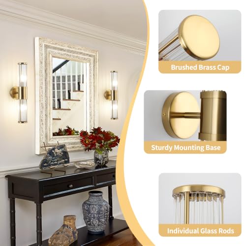 ECOBRT Brushed Brass Vanity Light Fixture 19.69 Inch Dual Glass Rod Wall Sconce
