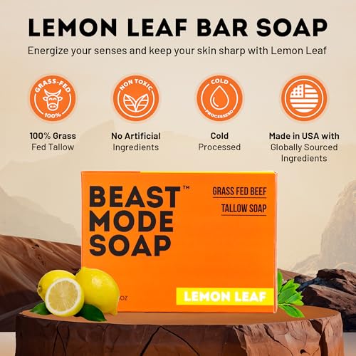 Beast Mode Soap for Men, Lemon Leaf, Single Bar ? Natural Grass-Fed Tallow Bar Soap, Fresh Scent, Handcrafted, Non-Toxic