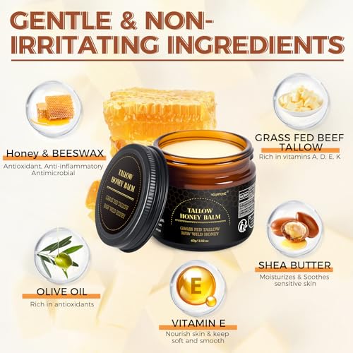 MEIDU Beef Tallow for Skin,Tallow and Honey Balm for Face,Raw Wild Honey Blend,Organic Grass-Fed Beef Tallow Balm,Face and Body Moisturizer(60g)