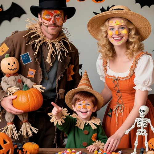 HOWAF 4 Sheets Scarecrow Face Tattoos for Halloween Scarecrow Costume, Straw Witch Sunflower Temporary Tattoos for Scarecrows Cosplay Supplies, Scarecrows Fake Tattoos Full Face Tattoo