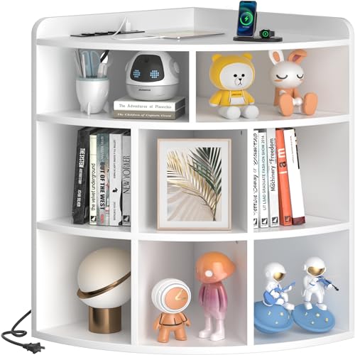 VECELO White Corner Cube Shelf with USB Ports & Adjustable Shelves