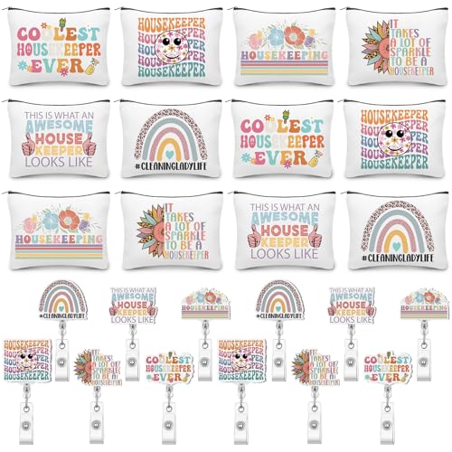 Kacctyen 24 Pcs Christmas Housekeeping Gifts Bulk 12 Thanksgiving Makeup Bag 12 Retractable Badge Reels Housekeeping Appreciation Gift for Housekeeper Cleaner Staff Team Employee Coworker Custodian