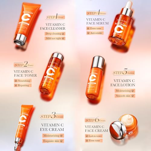 Skin Care Set Kit Vitamin C Korean Skincare Set Skin Care for Kids Includes Toner, Serum,Cleanser Gift Set for Women Teens Girls (6pcs Full Size Set)