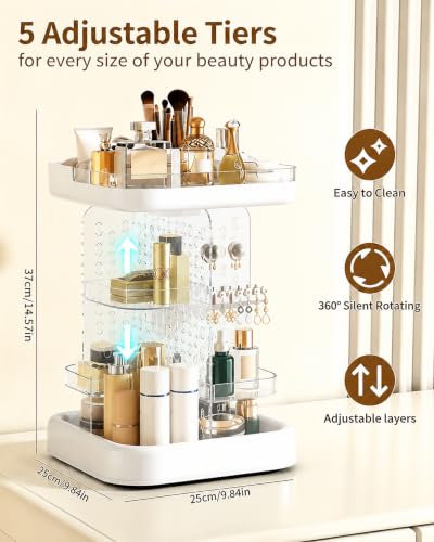 White Rotating Makeup Organizer with 5 Adjustable Tiers & Jewelry Hooks