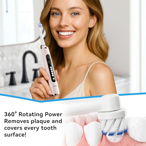 SEAGO Pink Rotating Electric Toothbrush for Adults with 8 Heads & Rechargeable, Travel Case