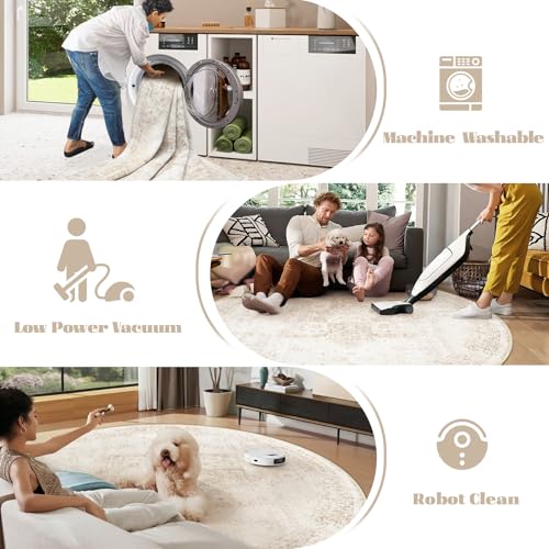 8ft Washable Round Rug with Non-Slip Backing - Vintage Boho Medallion Carpet for Living Room & Bedroom - Beige