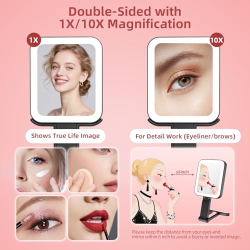 Rechargeable Travel Mirror with Lights 10X/1X Magnification, Dimmable LED, Compact