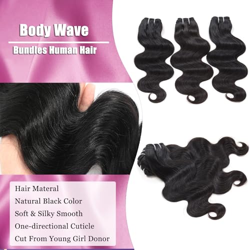 Body Wave Human Hair Bundles - 16 Inch 100% Virgin Brazilian Black Hair
