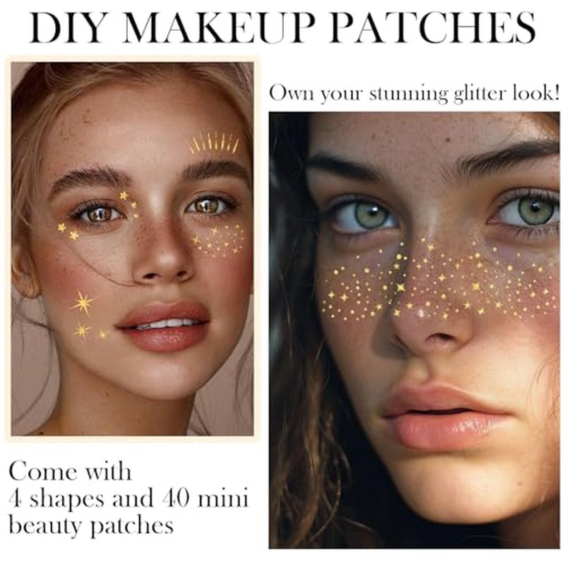 20 Pcs Gold Face Makeup Patches, Glitter Freckles Face Tattoo Gold Makeup, Glitter Freckles, Sparkle Makeup Patches, Waterproof Face Glitter Temporary Tattoos for Women and Girls