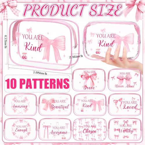 Kacctyen 10 Pcs Inspirational Pink Bow Makeup Bag 7 x 4.7 x 2.4'' Clear Coquette Stuff Cosmetic Bag Bulk Positive Affirmations Pink Bow Toiletry Pouch Waterproof PVC for Girls Women Nurse Team Bestie