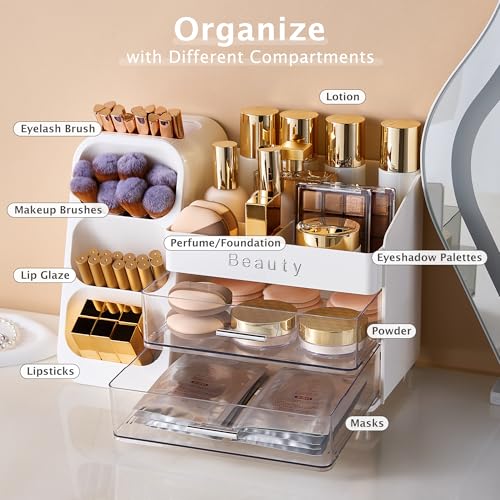 Makeup Organizer for Vanity with Brush Holder, Countertop Makeup organizer with Drawers for Skincare, Cosmetics, Perfumes, Eyeshadow Palettes, Spacious Cosmetic storage organizer