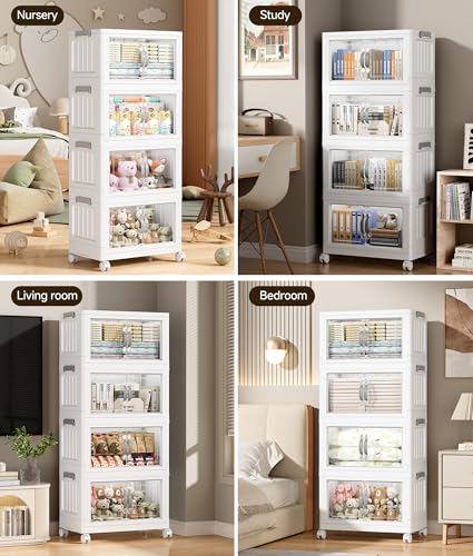 White 35 QT Stackable Storage Bins with Lids - 4 Tier Collapsible Plastic Closet Organizer