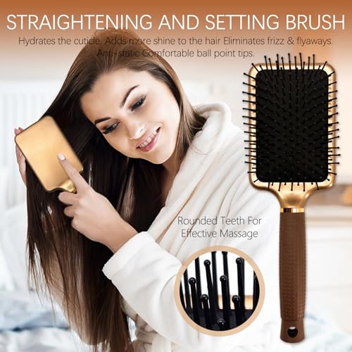 Gold 5-in-1 Ceramic Ionic Round & Paddle Hair Brush Set for Styling & Volume - Includes Section Clips