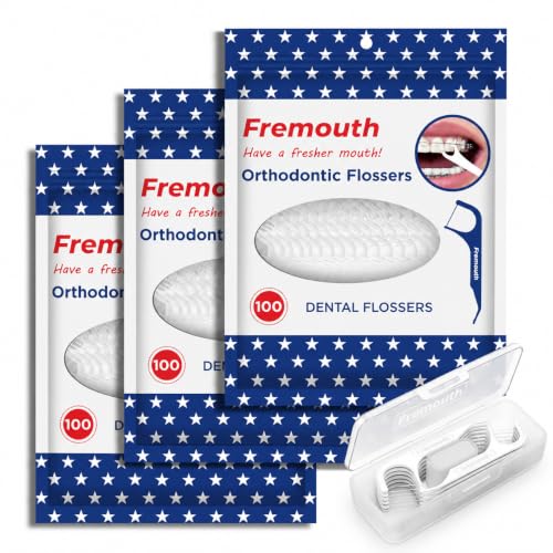 Fremouth 3-in-1 Orthodontic Dental Floss Picks - 300 Count, Braces Flossers with Tongue Scraper & Brush