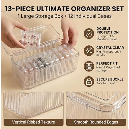 Press On Nail Organizer 12pcs 3.3in Nail Case And 1 Big Acrylic Storage Box For Packaging Clear Display Box Fake Nail Organizer With Double Sided Adhesive Tabs Nail Display Nail Salon