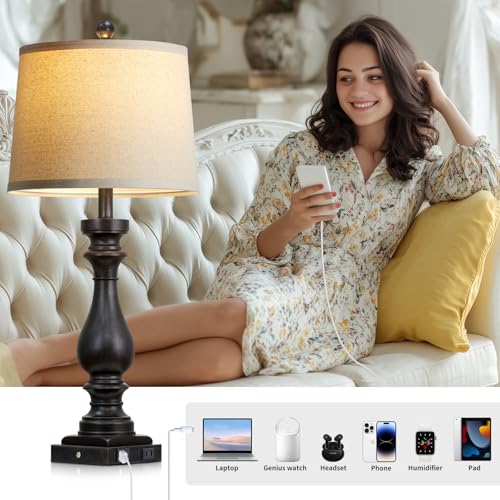 Black Vintage 29-Inch Tall Table Lamps Set of 2 with USB C & AC Outlets - Farmhouse Touch Nightstand Lamps