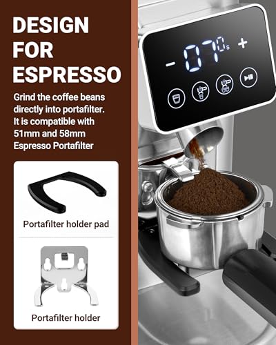 Coffee Grinder with 48 Settings, Anti-Static, Stainless Steel Burrs - Metallic Silver