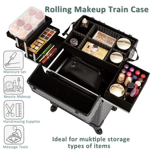 Arous Black Rolling Makeup Case on Wheels, Professional Cosmetology Storage