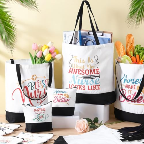 Paterr 24 Pcs Christmas Nurse Appreciation Gifts Bulk, Thank You Cna Canvas Tote Bags Makeup Cosmetic Bag with Handles
