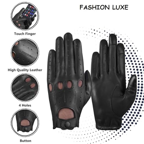 Men's Black Large Leather Driving Gloves - Touchscreen, Breathable, Classic Knuckle Design
