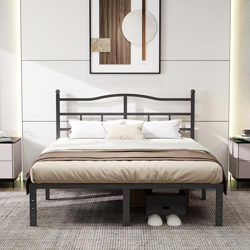 Queen Bed Frame with Headboard - 14 Inch Metal Platform Bed with Storage - Modern Black Finish - Easy Assembly, Noise-Free