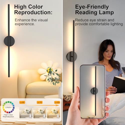 Black 32 Inch Rechargeable Wireless LED Wall Sconce Set of 2 with Remote, Dimmable & Rotatable