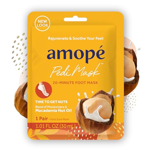 Amop? Pedi Mask 20-Minute Foot Mask, Intensely Moisturizing Socks, Self-Care, Time to Get Nuts with Macadamia Nut Oil, Urea & Vitamin Complex for Long Lasting Hydration, 3 pair (Packaging May Vary)